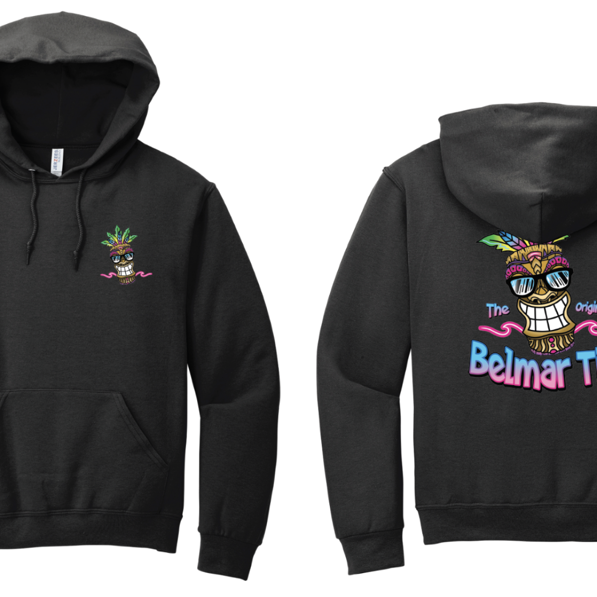 Black hoodie with colorful tiki design on front and back, saying 'The original Belmar Tiki'.