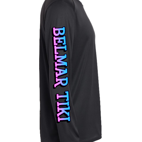 Black long-sleeve shirt with 'BELMAR TIKI' in gradient colors on the sleeve.