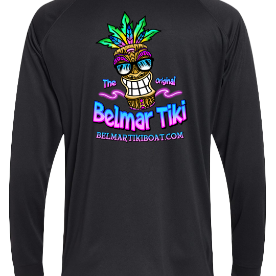 Black long-sleeve shirt with colorful tiki design and 'Belmar Tiki belmartikiboat.com' text on the back.
