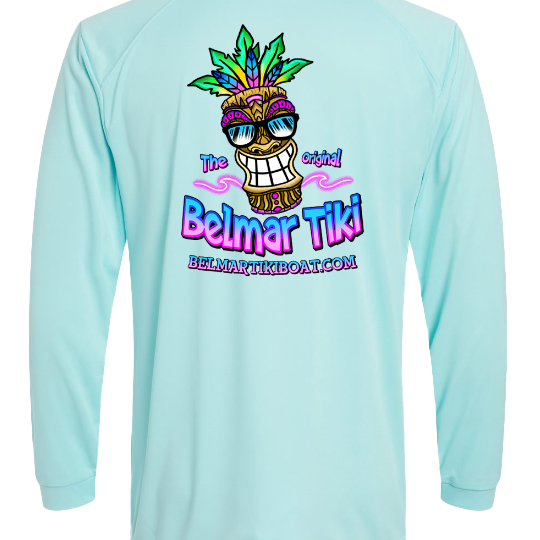 Light blue long-sleeve shirt with colorful Tiki design and 'Belmar Tiki' text on the back.