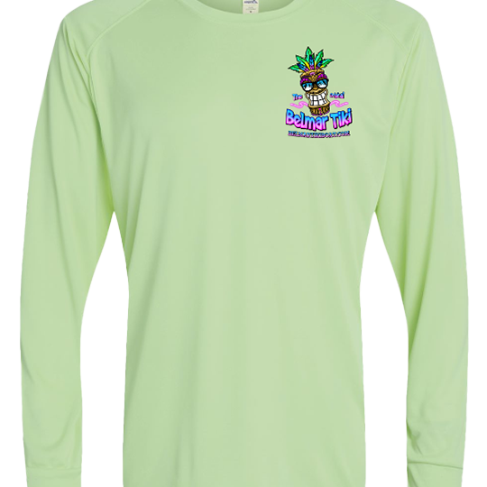 Light green long-sleeve shirt with a colorful Tiki design on the front left.