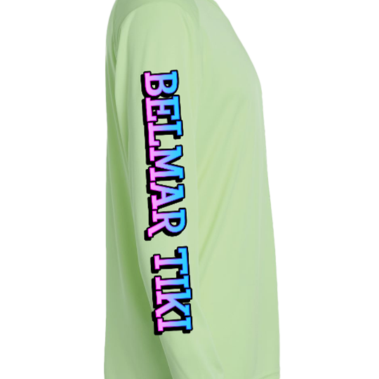 Light green long-sleeve shirt with 'BELMAR TIKI' text on the sleeve.