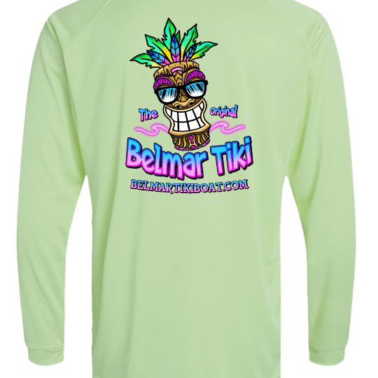Lime green shirt with colorful cartoon tiki design and 'Belmar Tiki' text.