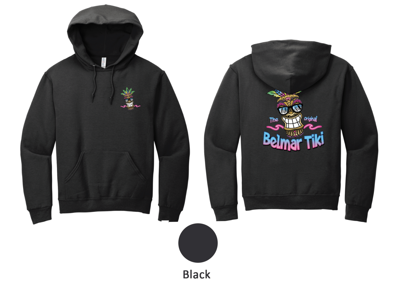 Black hoodie with colorful tiki design; text reads 'The original Belmar Tiki' on the back.