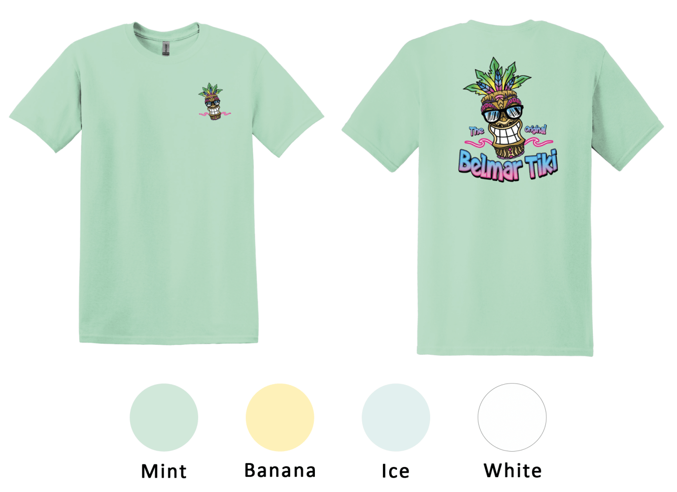 Mint-colored T-shirt with tiki design. Front logo and larger back design with 'Belmar Tiki' text.
