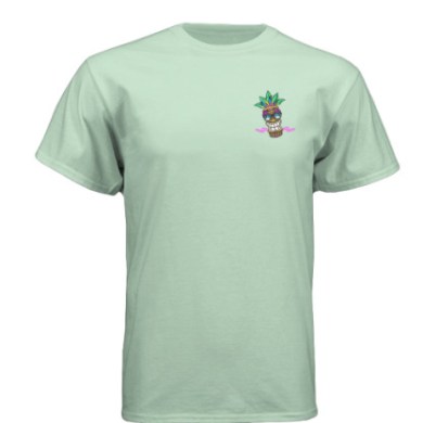 Light green T-shirt with small tiki face design near the chest.