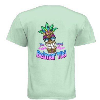 Mint green t-shirt with colorful 'Belmar Tiki' logo featuring a tiki face and palm leaves.