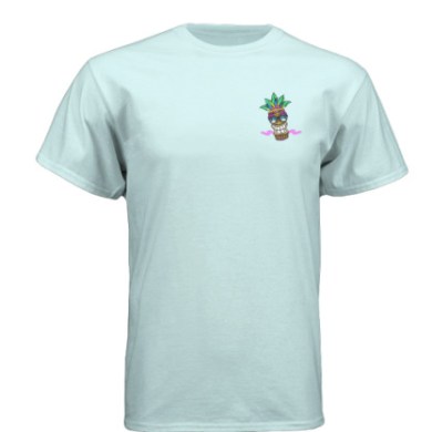 Light blue T-shirt with a small tiki head design on the front.