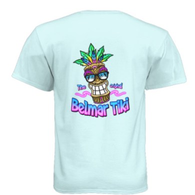 Light blue t-shirt with colorful tiki graphic and text 'Belmar Tiki' on the back.
