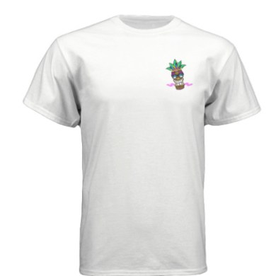 White T-shirt with small colorful tiki mask graphic on the chest.