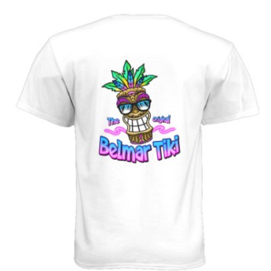 White T-shirt with colorful Tiki design and text 'The Original Belmar Tiki' on the back.