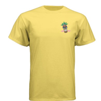 Yellow T-shirt with a small colorful tiki face design on the front.