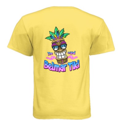 Yellow T-shirt featuring a colorful tiki design and text 'Belmar Tiki' on the back.