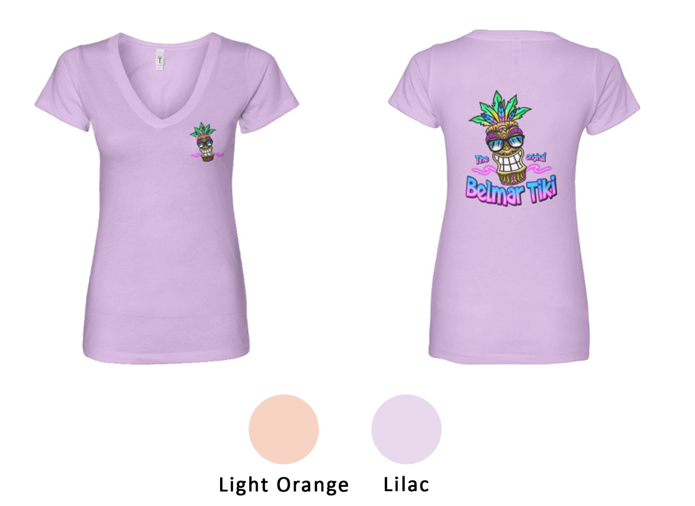 Lilac v-neck t-shirt with Tiki design on front and back, labeled 'Belmar Tiki'.
