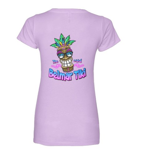 Purple T-shirt with colorful tiki design and text 'The Original Belmar Tiki' on the back.