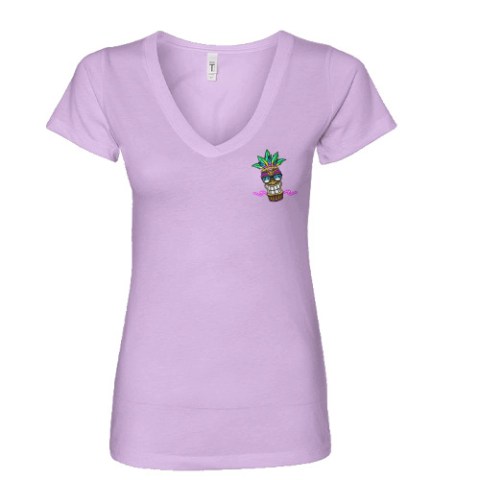 Lilac V-neck T-shirt with small skull and plant design on left chest.