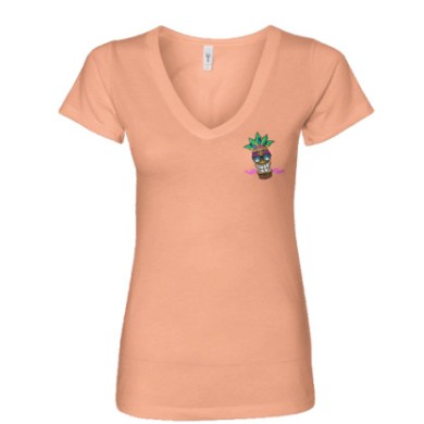 Peach V-neck T-shirt with small colorful tiki graphic on left chest.