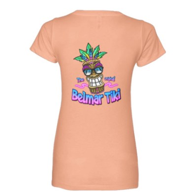 Peach t-shirt with colorful tiki graphic and 'Belmar Tiki' text on the back.