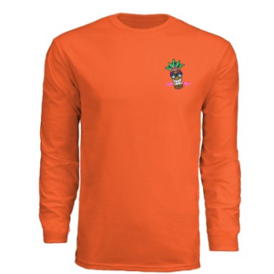 Orange long-sleeve shirt with a colorful tiki face design on the chest.