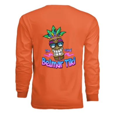 Orange shirt with a colorful tiki graphic and text 'The Original Belmar Tiki' on the back.