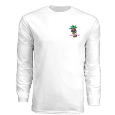 White long-sleeve shirt with small colorful face design on the chest.