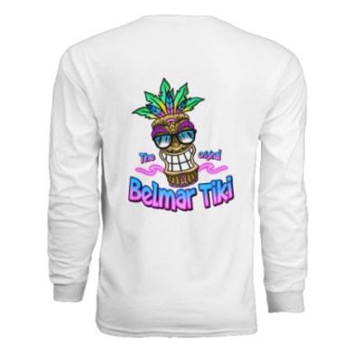 White long-sleeve shirt with colorful Tiki design and 'Belmar Tiki' text on the back.
