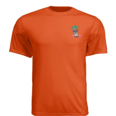 Orange T-shirt with small tiki face graphic on upper left chest.