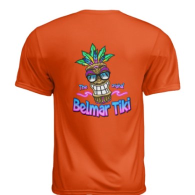 Orange T-shirt with colorful tiki design and 'Belmar Tiki' text on the back.