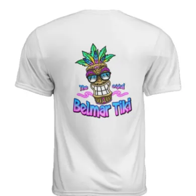 White T-shirt with colorful tiki graphic, text 'The Original Belmar Tiki'.