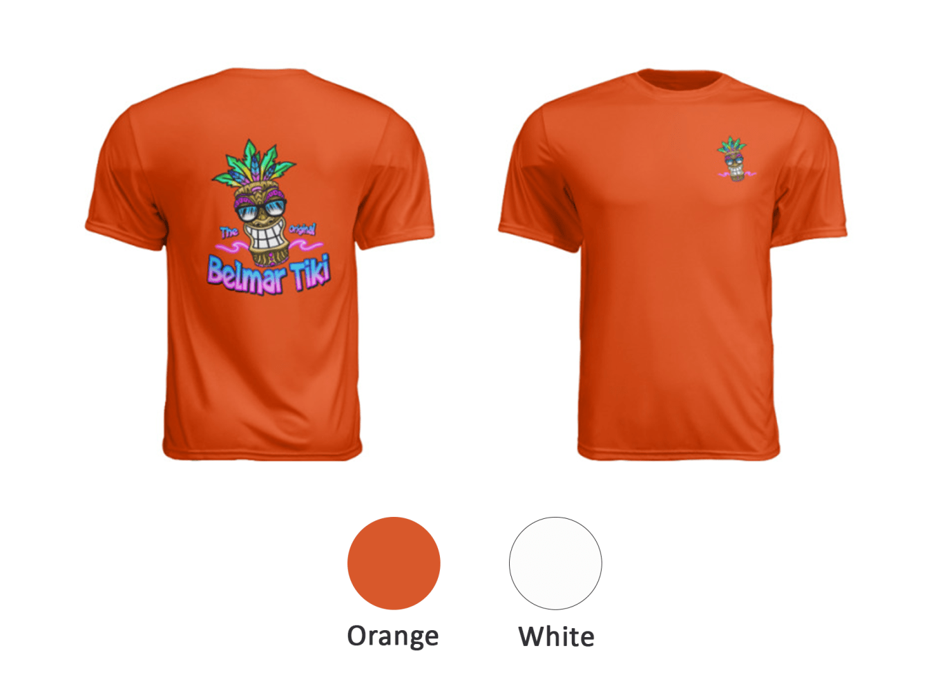 Front and back view of orange T-shirt with tiki design and 'Belmar Tiki' text.
