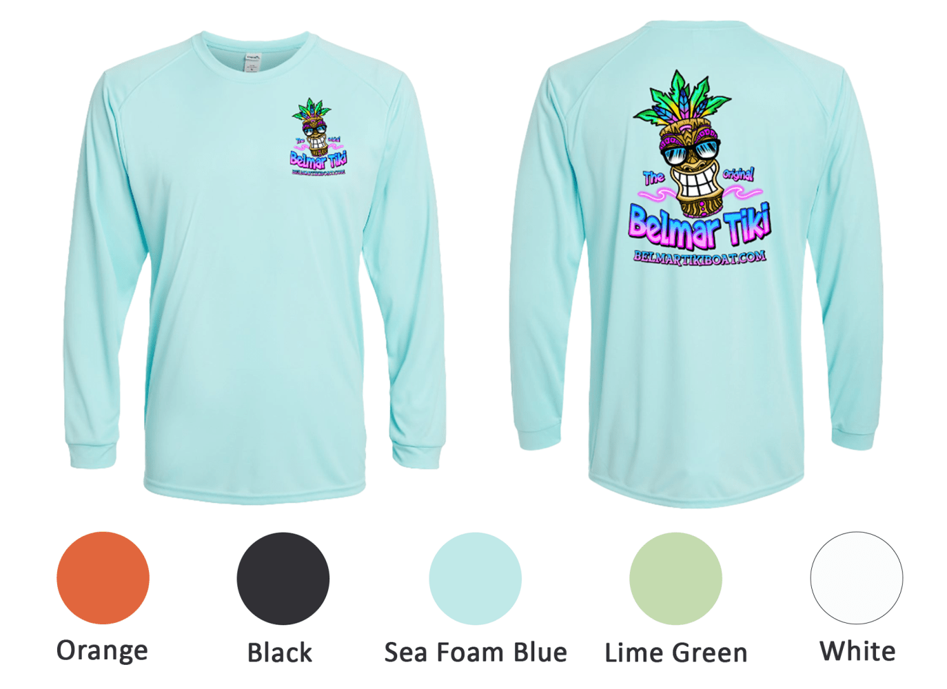 Seafoam blue long-sleeve shirt with colorful tiki design and text on the back.