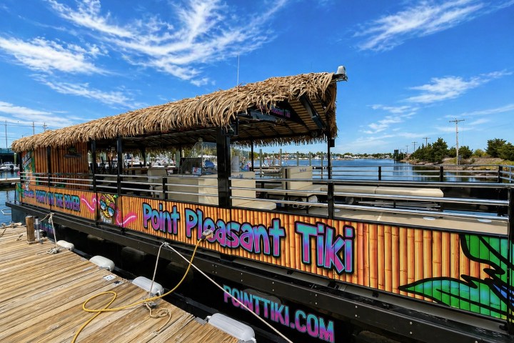 Tiki boat with straw roof docked at marina, bright sky.