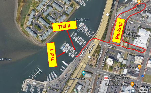 Map showing locations labeled Tiki I, Tiki II, and Parking near a marina with highlighted routes.