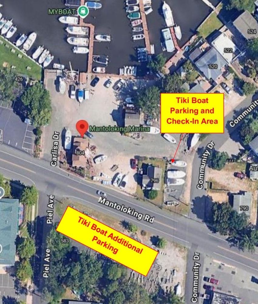 Aerial view of Mantoloking Marina with highlighted Tiki Boat parking and additional parking areas.