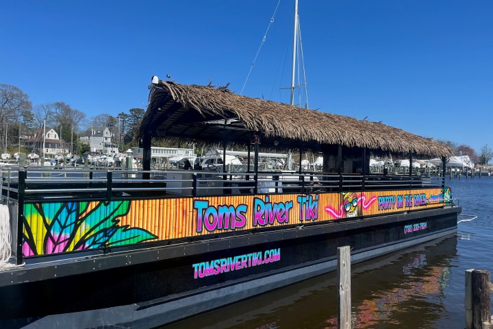 A tiki-themed boat with a straw roof, colorful graphics, docked by a calm river.