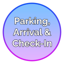 Gradient circle with text: Parking, Arrival & Check-In.