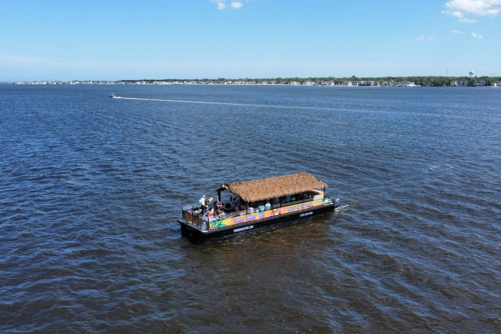 Tiki boat with palm roof on open water, distant shore in background, clear sky.