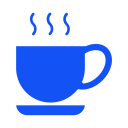 Blue icon of a steaming coffee cup on a saucer.