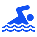 Blue icon of a person swimming in water.