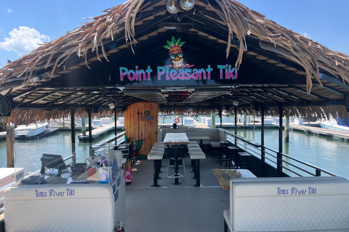 Open-air tiki boat docked at marina with seating and palm-thatched roof.