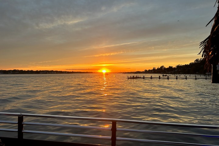 Sunset over a calm lake with silhouetted trees and a railing in the foreground.