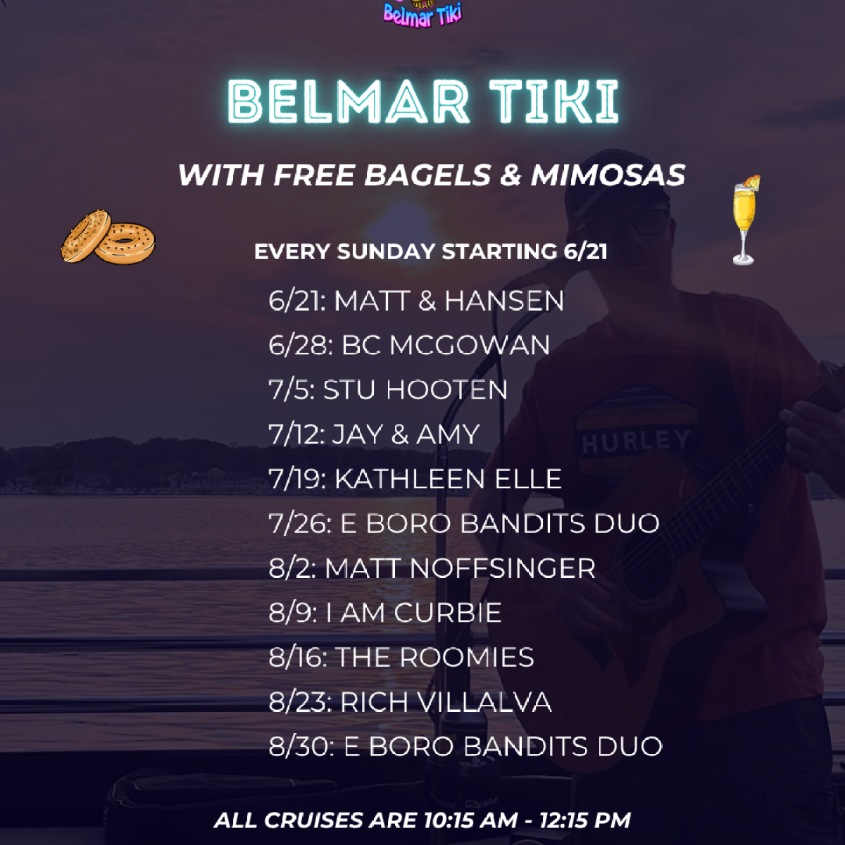 Flyer for Belmar Tiki cruises with free bagels and mimosas, featuring band names and dates in June to August.