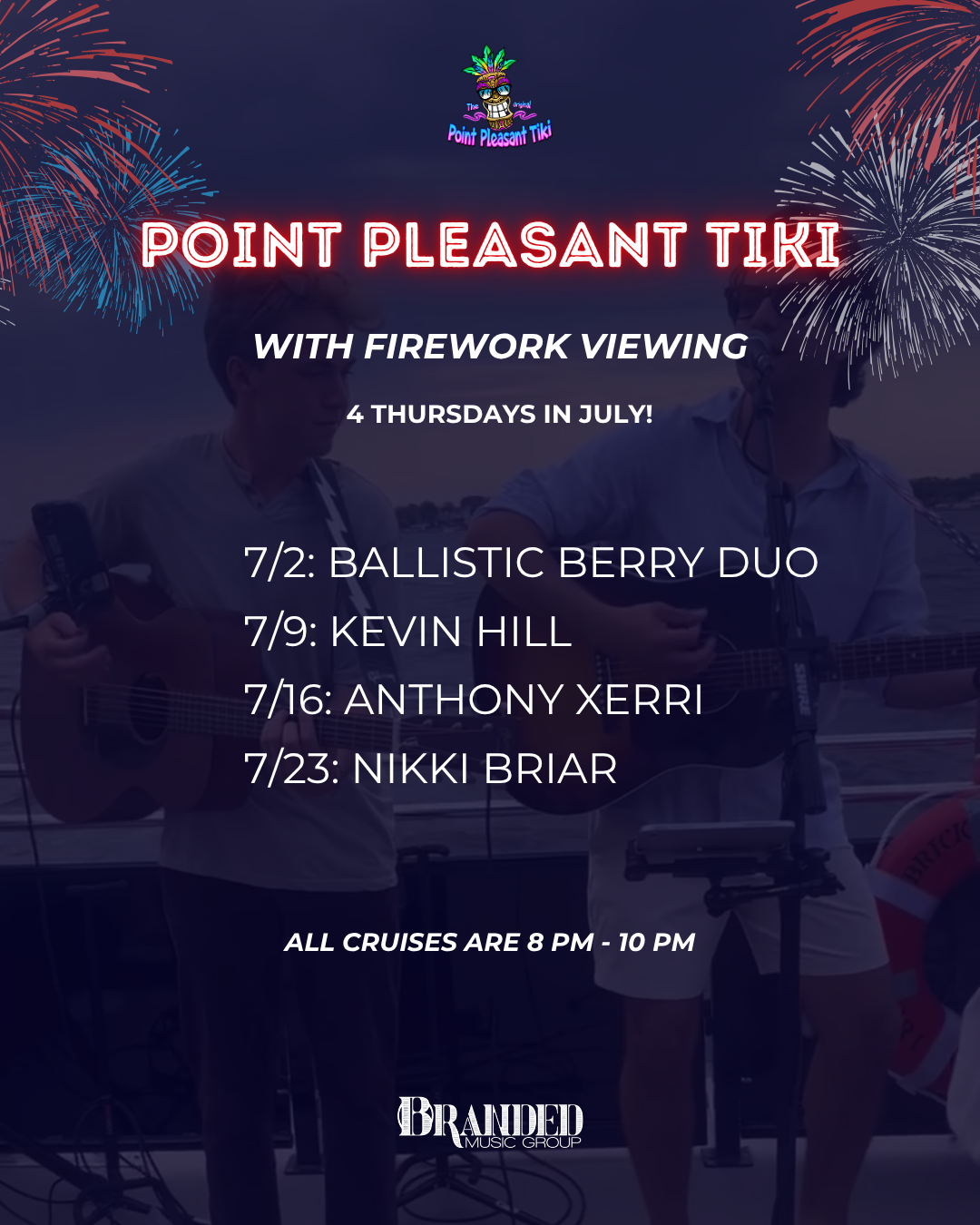 Poster for Point Pleasant Tiki with fireworks and music events in July.