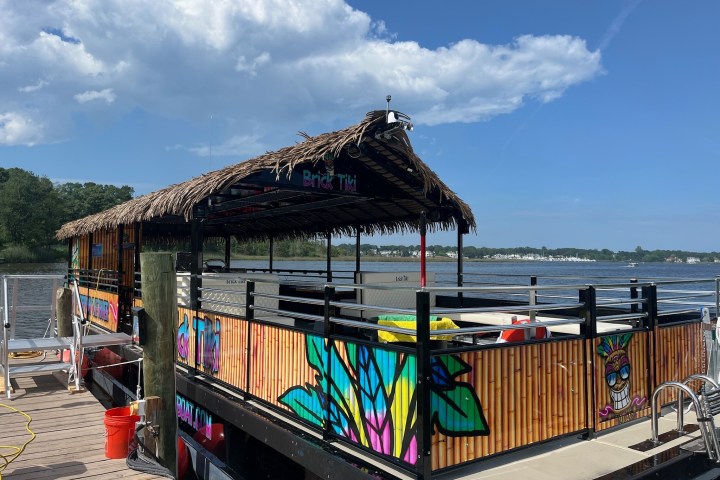 Tiki-style boat docked by a lake under a blue sky with clouds.